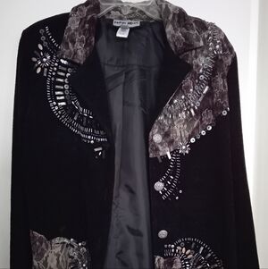 INDIGO MOON Black Velvet Black and Silver Embellished With Laces Blazer Jacket